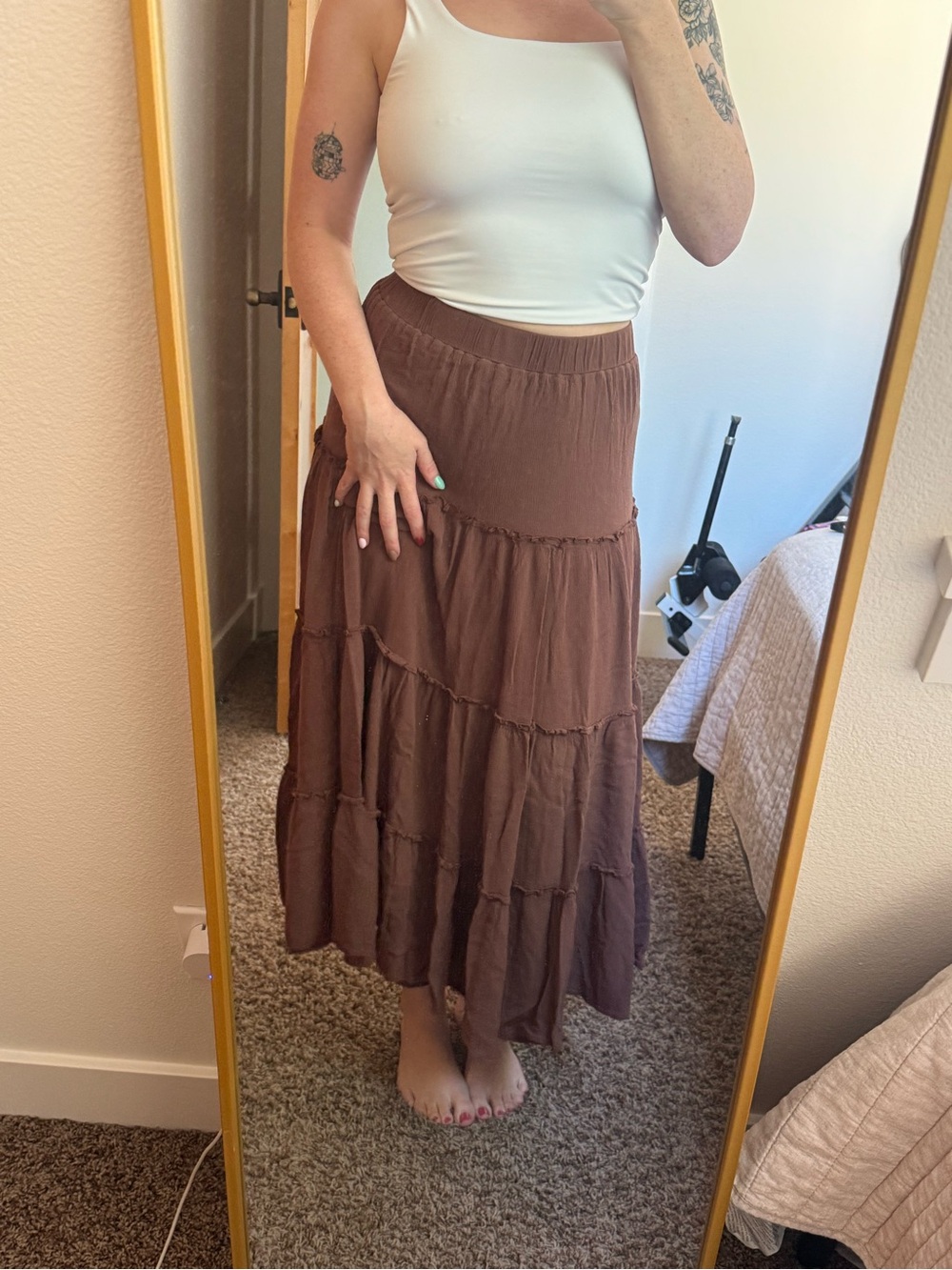 Brown Tiered Maxi Skirt - Women's Boho Style